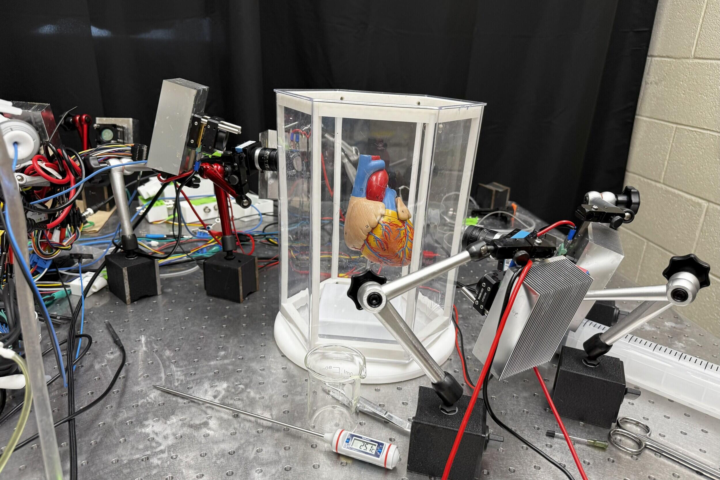 A photo of a table with an anotomical model of a heart and pieces of equipment around it. 