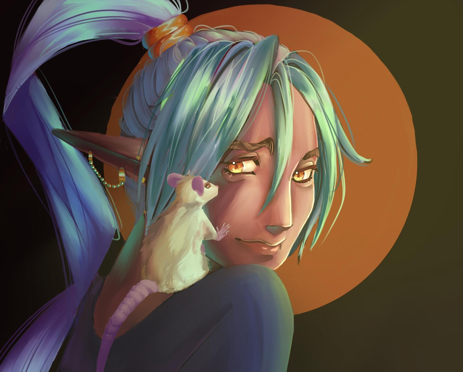 An illustration of an elf woman with blue hair styled in a ponytail. She is looking over her shoulder at a white rat that is sitting on it. 