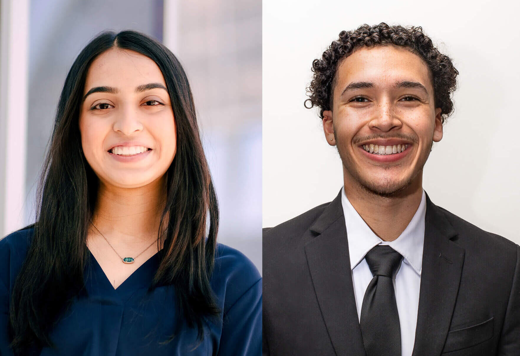 Two photos of a man and woman from the chest up, side by side. 