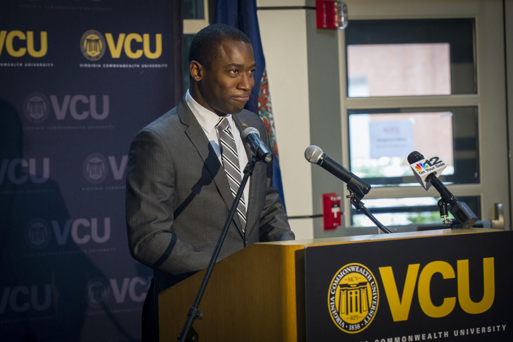 Richmond Mayor Levar M. Stoney speaks during the announcement.
<br>Photo by Julia Rendleman, University Marketing.