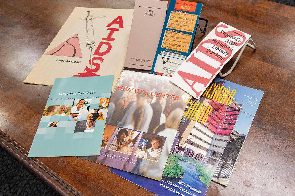 A photo of six pamphlets about AIDS and HIV. 