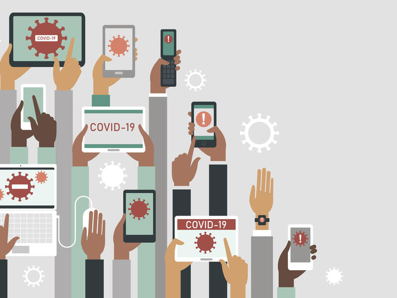 A drawing of handheld devices displaying \"COVID-19\" and virus images.