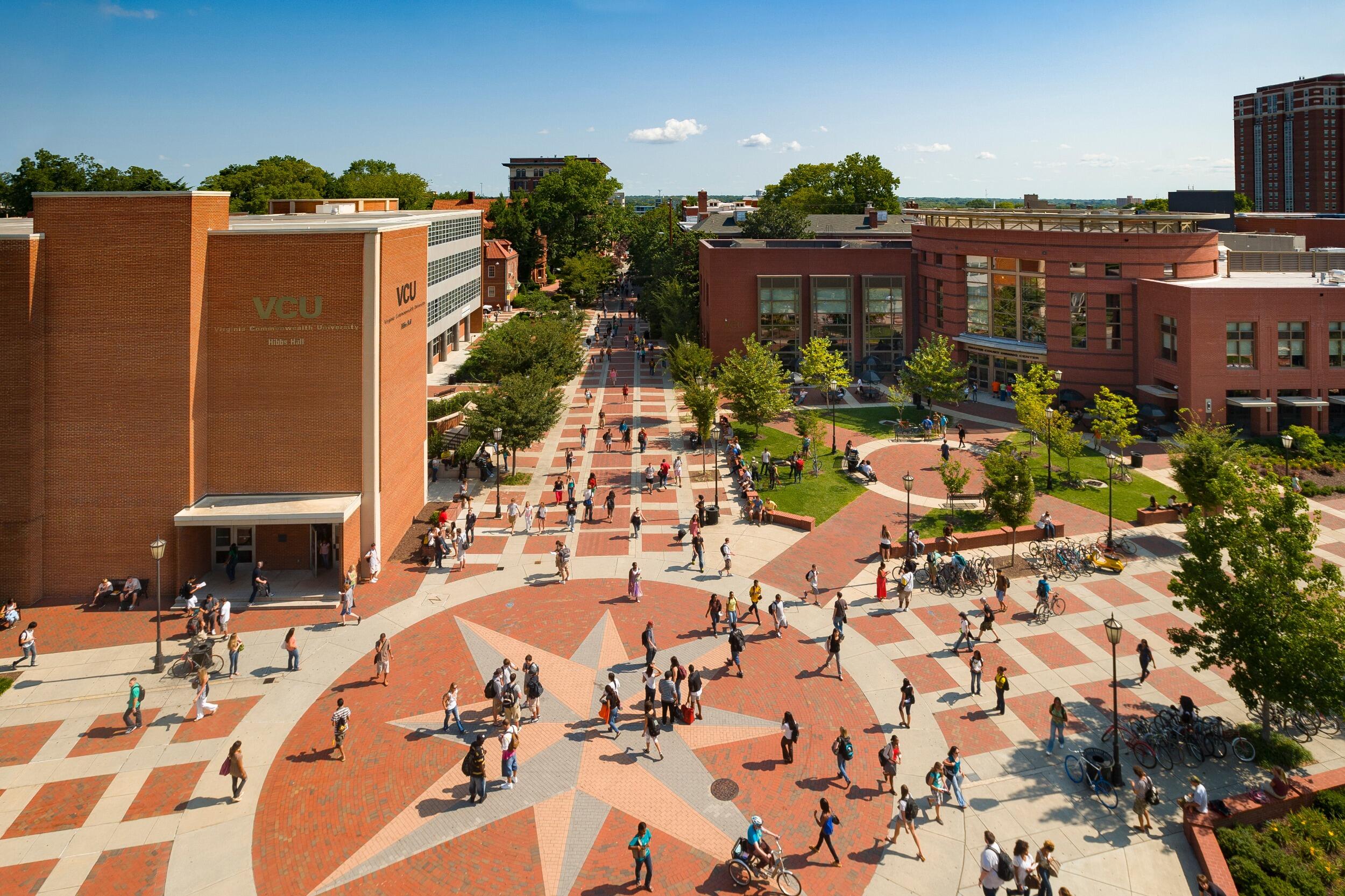 An aerial view of the Compass area of VCU's campus.