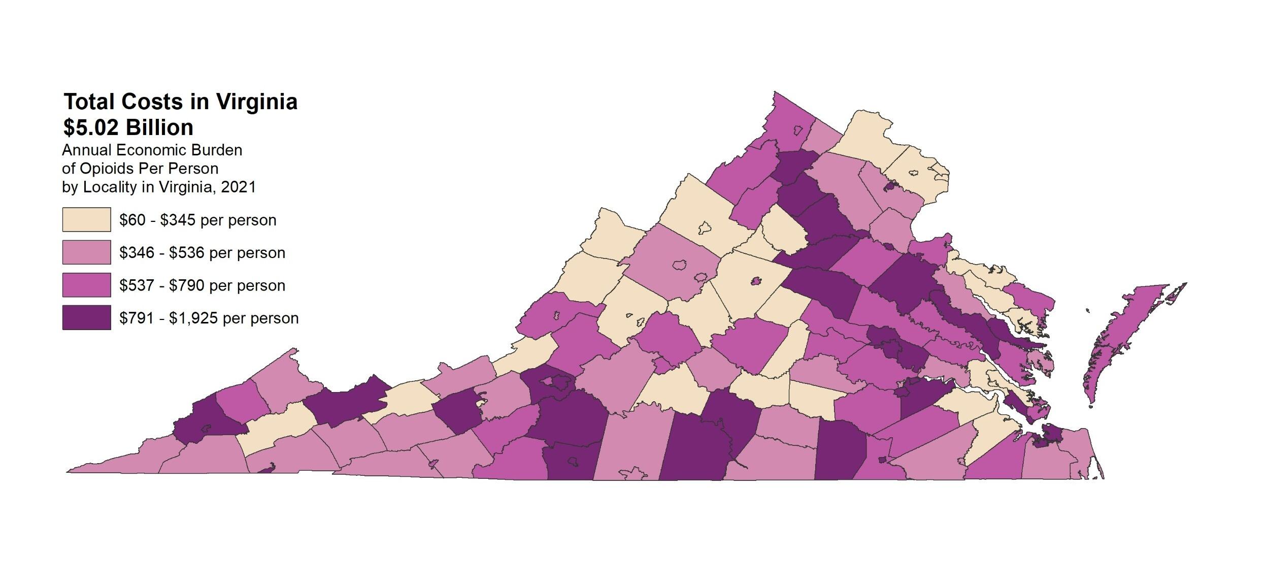 A map of Virginia with the counties colored in shades of purple to cream. 