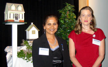 After the reception, Dr. Aradhana Bela Sood (left) and Claire Patrick, VTCC Advisory Council Member, pose with the ‘Helping Children Take Flight’ birdhouses. 

Photo by Sathya Achia-Abraham, University News Services
