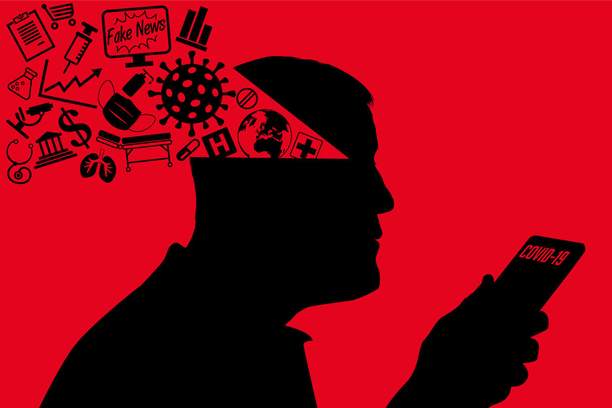 Drawing of a person holding a phone with \"COVID-19\" displayed. Various symbols are displayed entering their head.