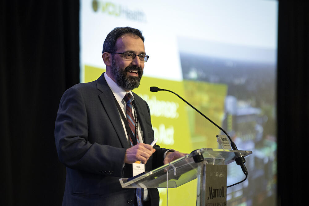 Aboutanos speaks at Rao R. Ivatury Trauma Symposium. (Photo by Kevin Morley, University Relations)