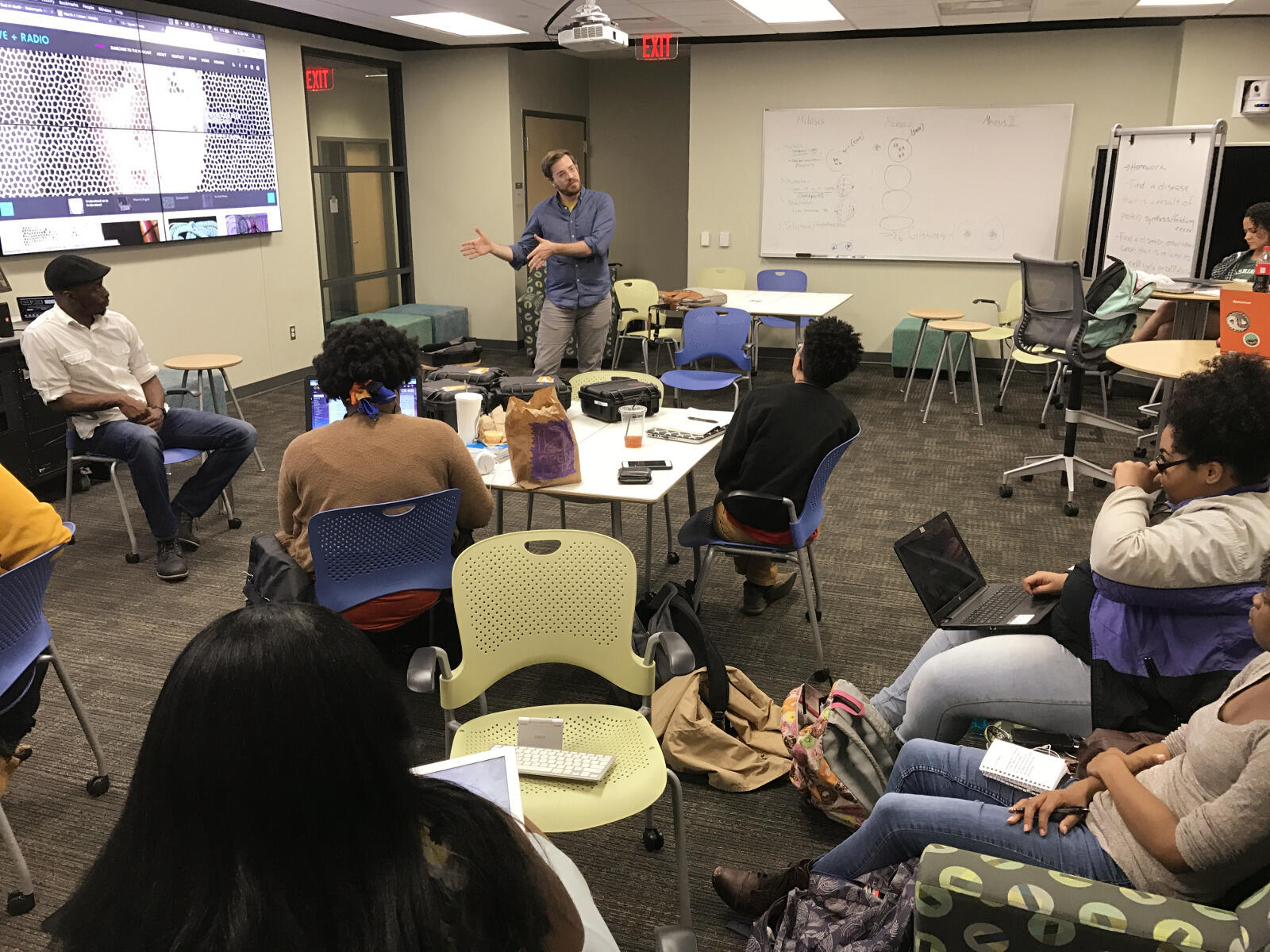 Nick van der Kolk, creator and host of the podcast “Love + Radio,” visited the "Podcasting While Black" class last week to give tips on drawing great stories out of interview subjects.
