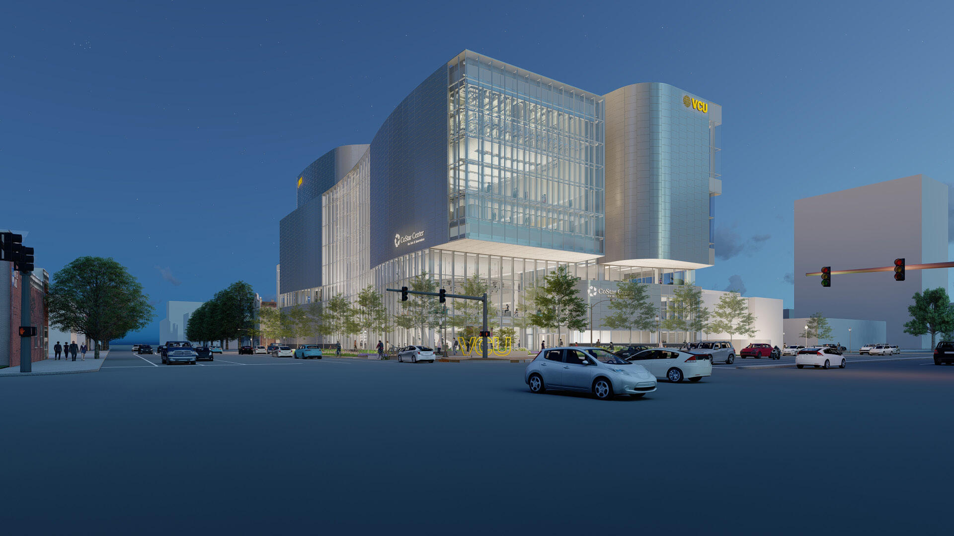 A 3D rendering of a large building on the side of a busy road. 