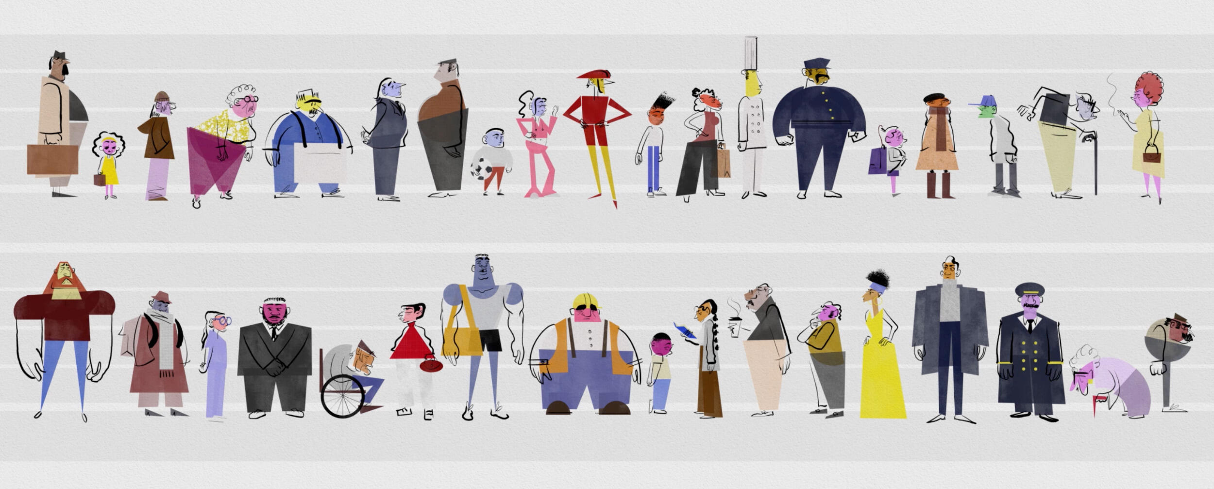 An illustration of 36 people of various shapes, sizes, ages, and ethnicities. 