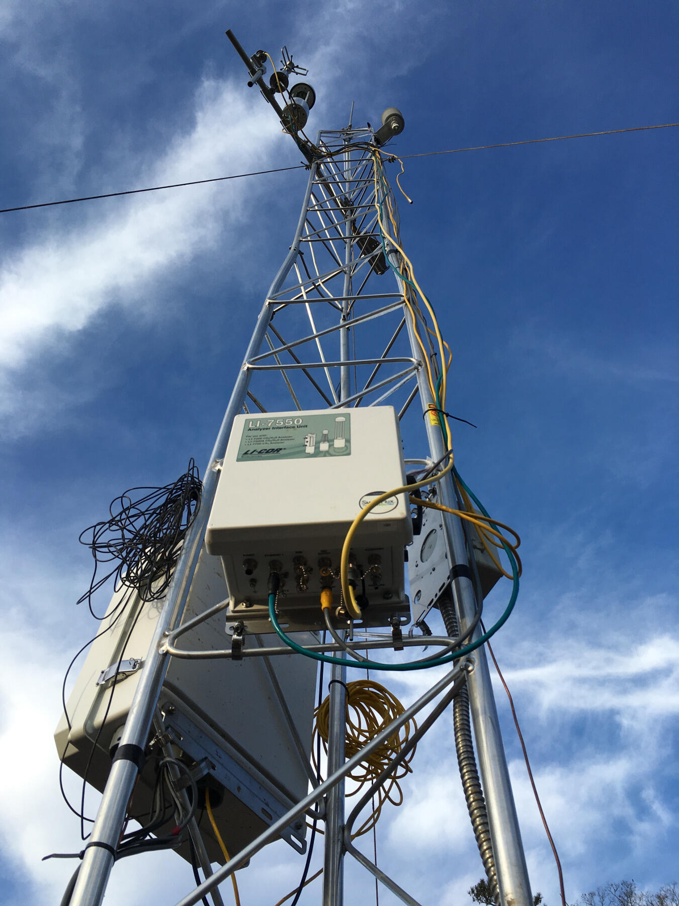 The flux tower is about 20 feet tall and 12 sensors are mounted to the frame.