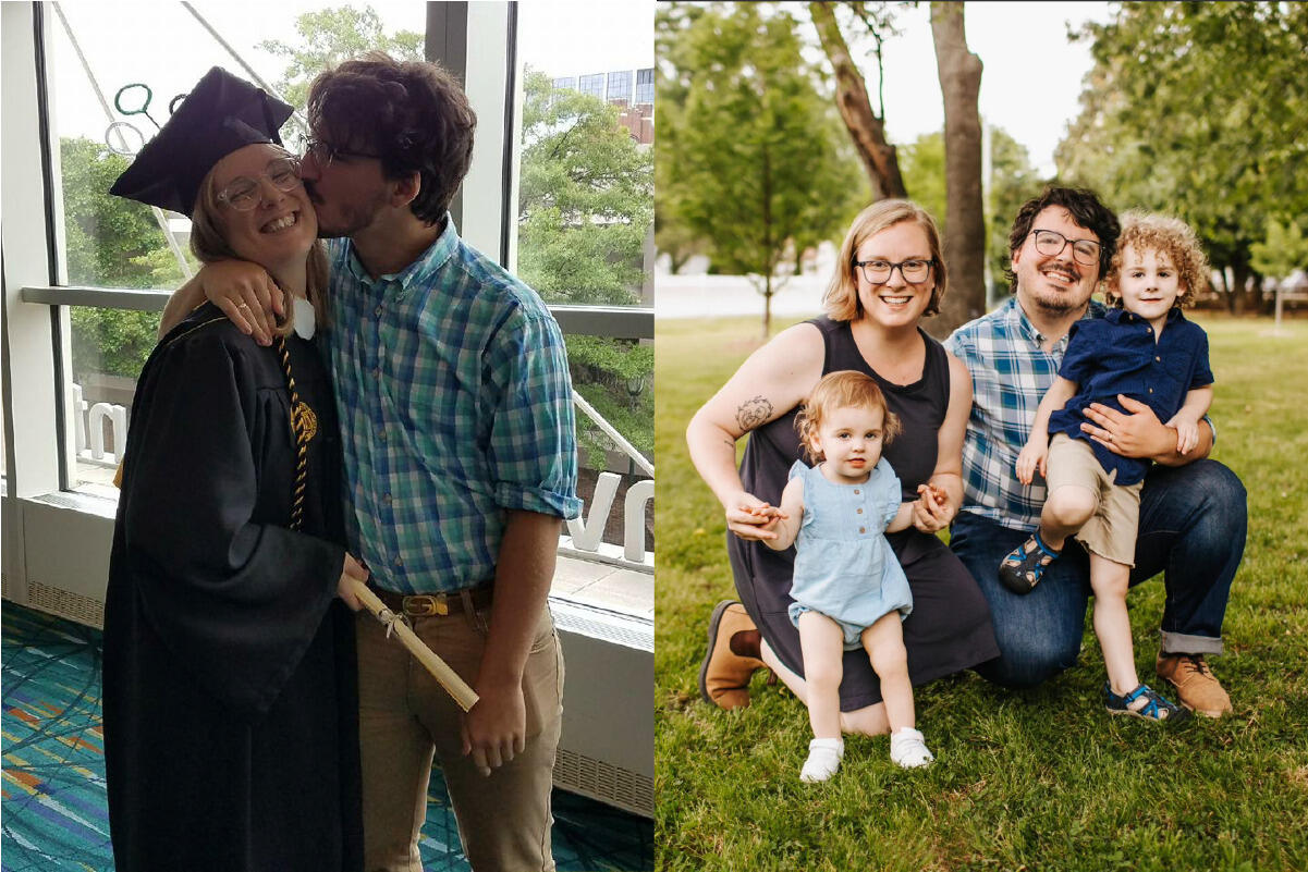 On the left is a photo of a man in a button down shirt kissing a woman wearing a graduation cap and gown on the cheek. On the right is a photo of the man and woman with two small children. 