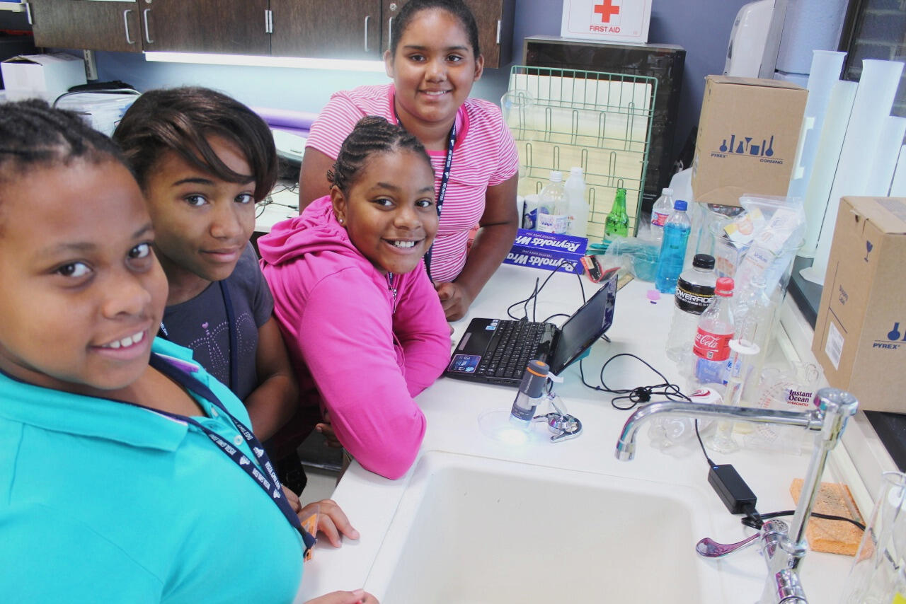 Rising fifth-graders Taylor, Trinity, Aniya and Taliya watch brine shrimp hatch. Photo by Patrick Fernandez 