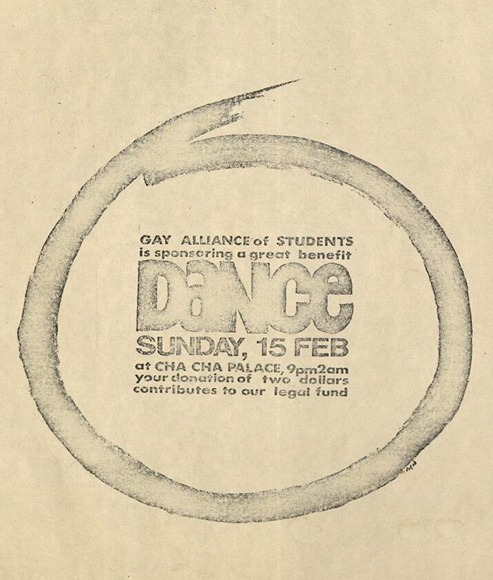 Flyer advertising the Gay Alliance of Students fundraising dance at Richmond’s Cha Cha Palace, which drew a crowd of 300 supporters.
<br>Source: The VCU Gay Alliance of Students Collection, 1974-1976, a collection in Special Collections and Archives, James Branch Cabell Library
