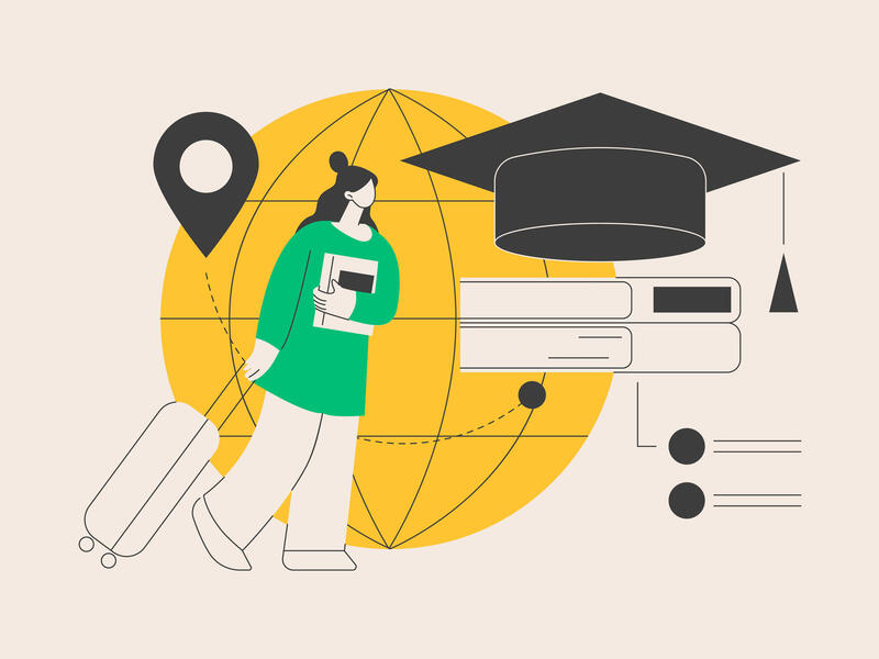 An illustration of a woman walking. She is dragging a rolling suitcase behind her and holding a book. In the background is a globe, and to the right of the woman is a stack of books and a graduation cap. 