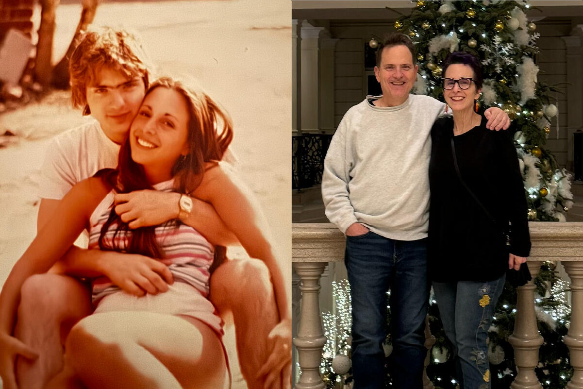 On the left is an old photo of a man and a woman sitting. The man is embracing the woman from behind. On the left is a photo of an older man and woman standing in front of a Christmas tree. The man has his arm around the woman's shoulder. 