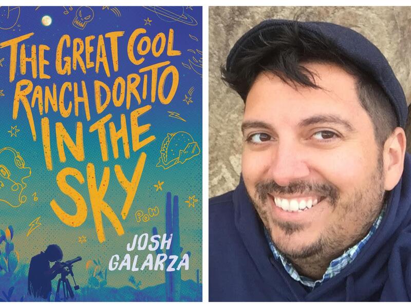 A photo of a book cover next to a photo of a man's face. The book cover has an illustration of the silhouette of a person looking throuhg a telesope. Yellow test reads \"THE GREAT COOL RANCH DORITO IN THE SKY\" and white text reads \"JOSH GALARZA\"