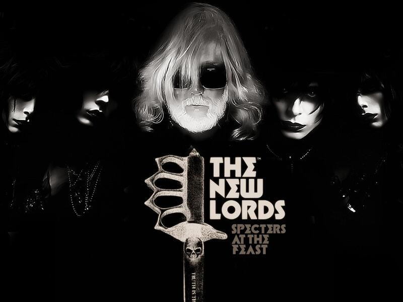 A black and white photo of a man. Next to the man are four faces of four of other men. In front of him is a poser with an illustration of a knife that says \"The New Lords\" \"Specters at the Feast.” 