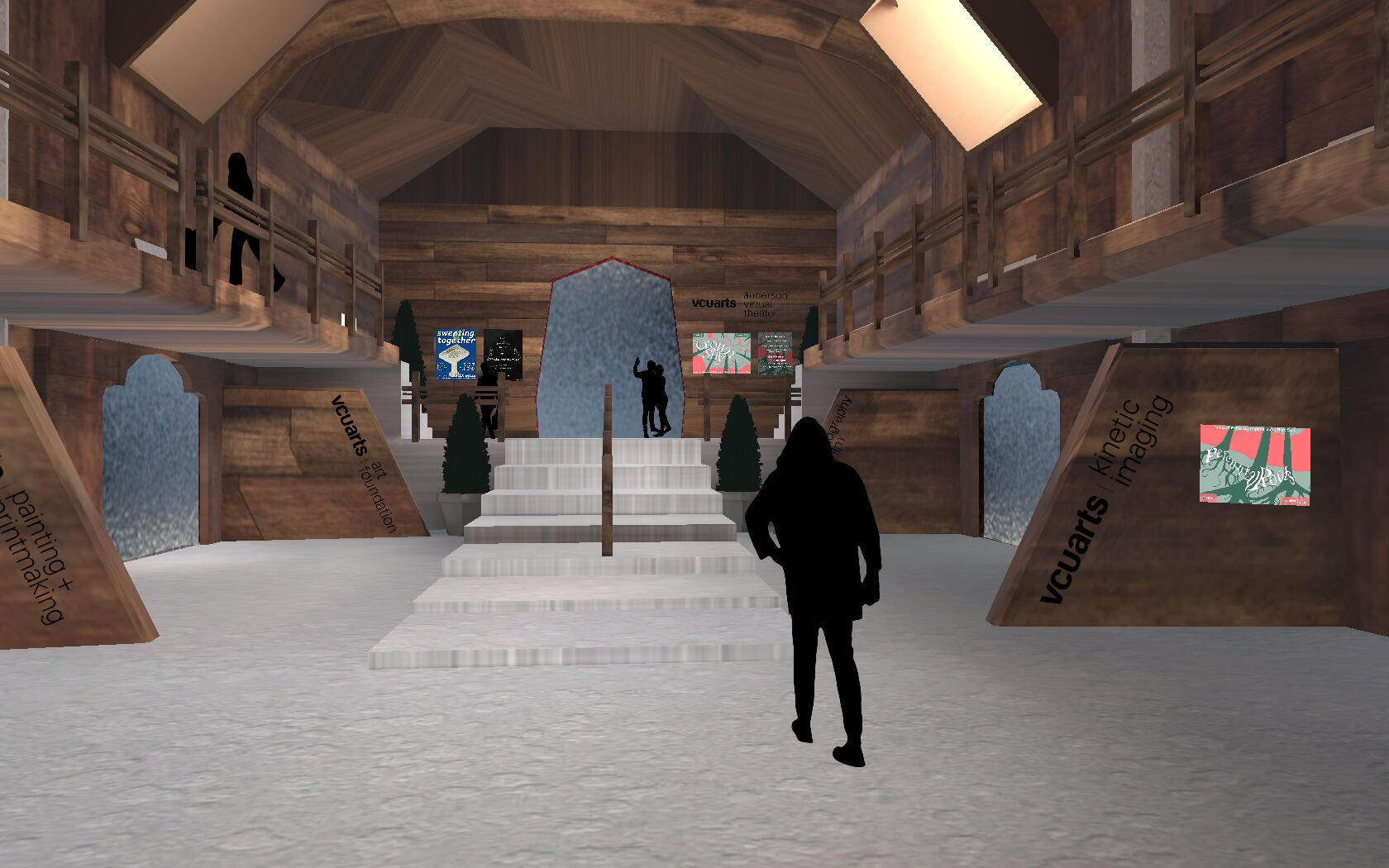 Depiction of a large room with figures.