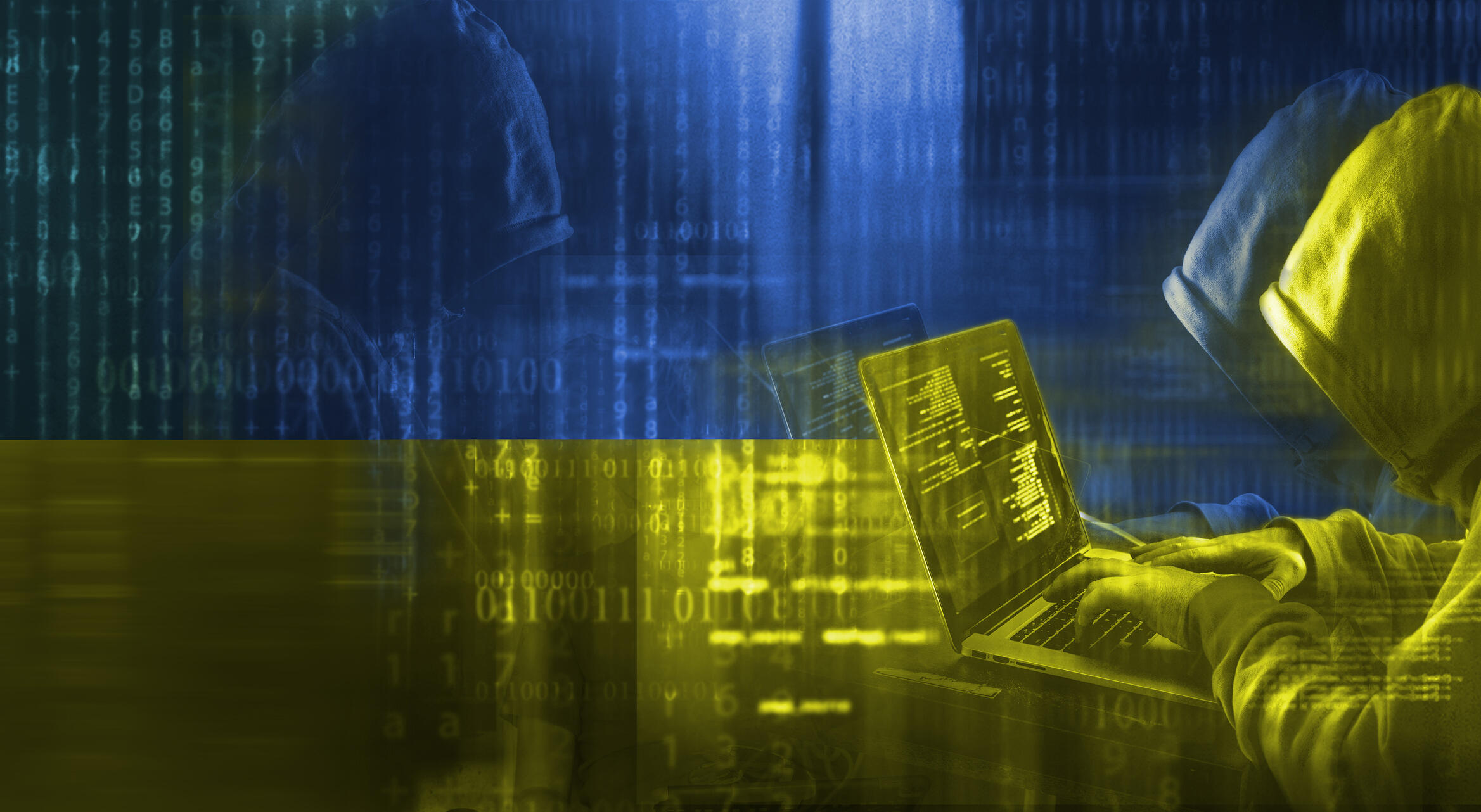 A graphic of a man wearing a hoodie typing on a laptop with an image of the Ukrainian flag in the background. 