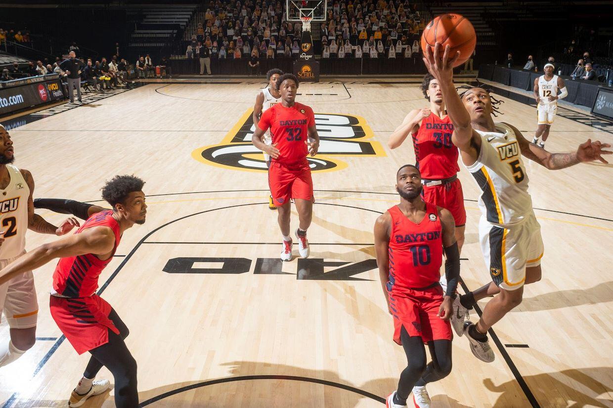 Bones Hyland drives to the hoop during VCU's game vs. Dayton earlier this season.