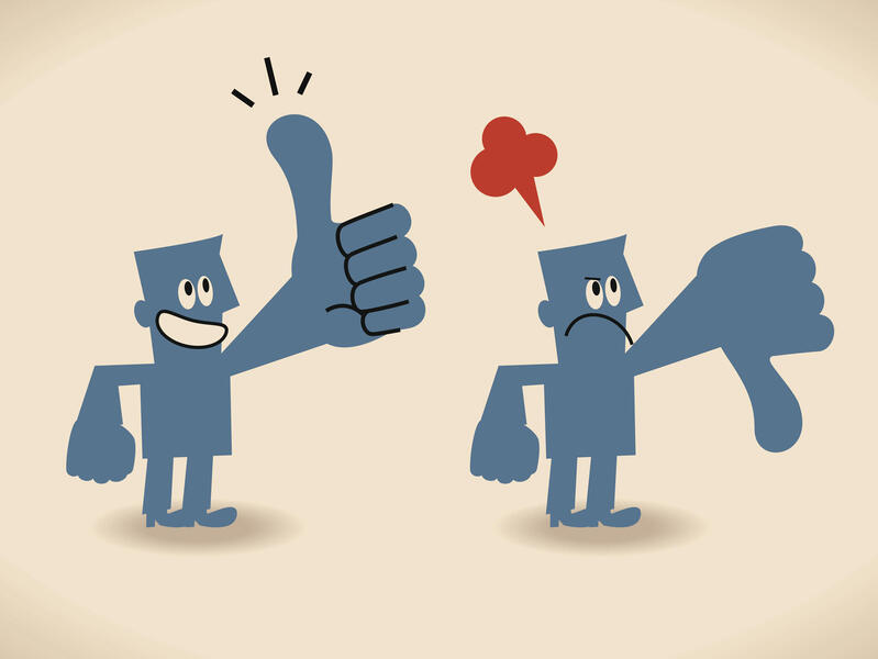 An illustration of a man giving a thumbs up and smiling, and a second man giving a thumbs down and frowning. 