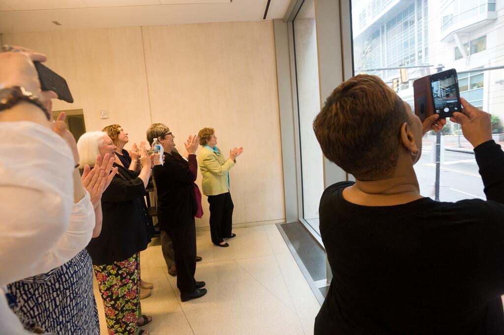 The Donate Life flag rose for the first time this morning. It will remain up throughout the month and after April it will be raised whenever an organ donation occurs at VCU Health and the Hume-Lee Transplant Center from a living or deceased donor. Photo by Tom Kojcsich, University Marketing.