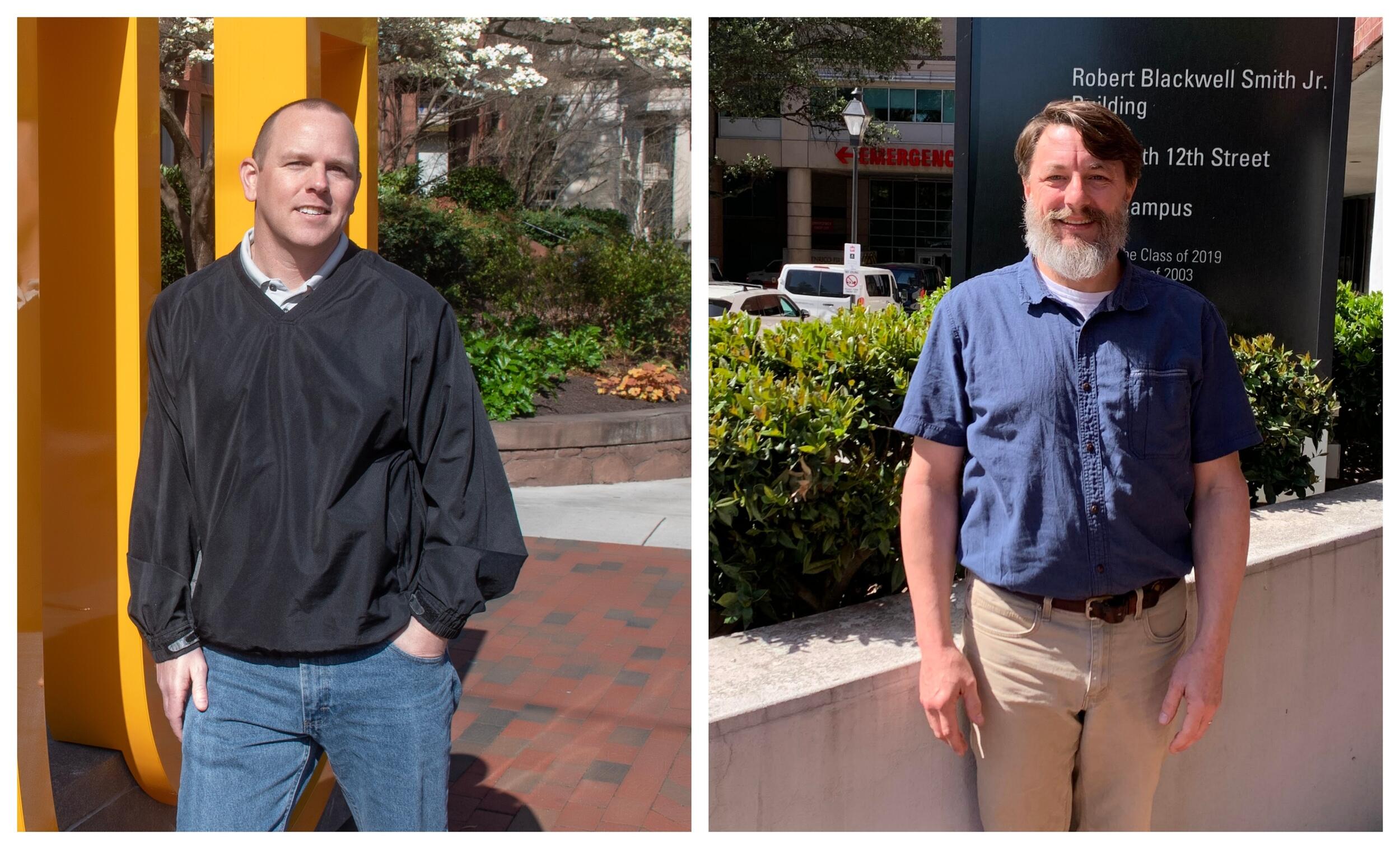 Two photos of men standing