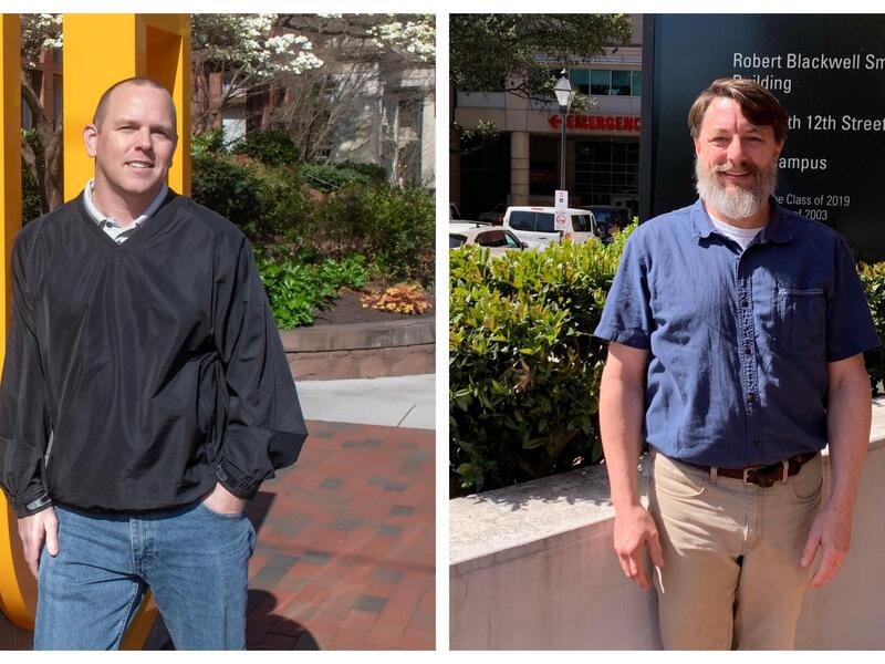 Two photos of men standing