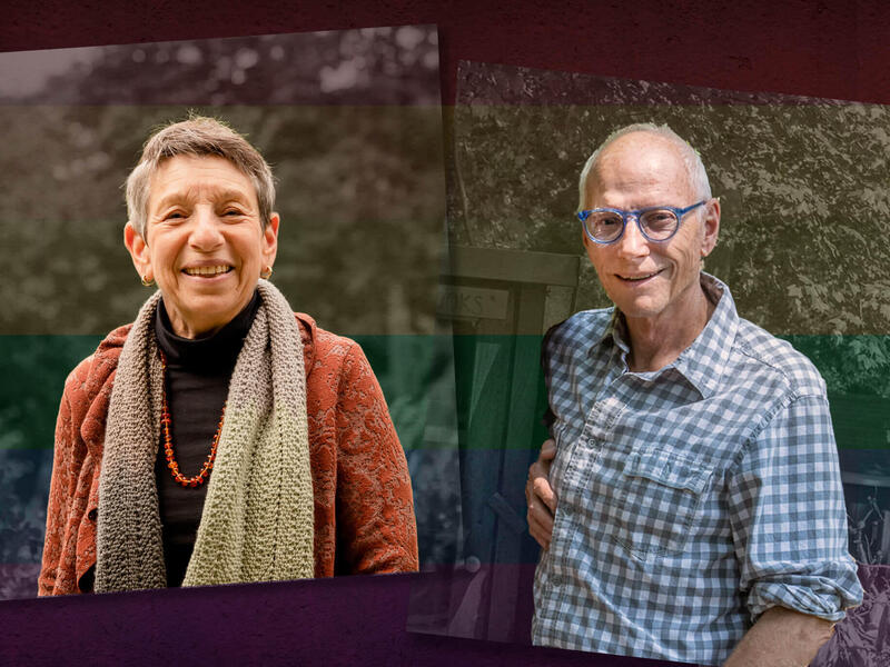 A photo of a woman and man over a rainbow