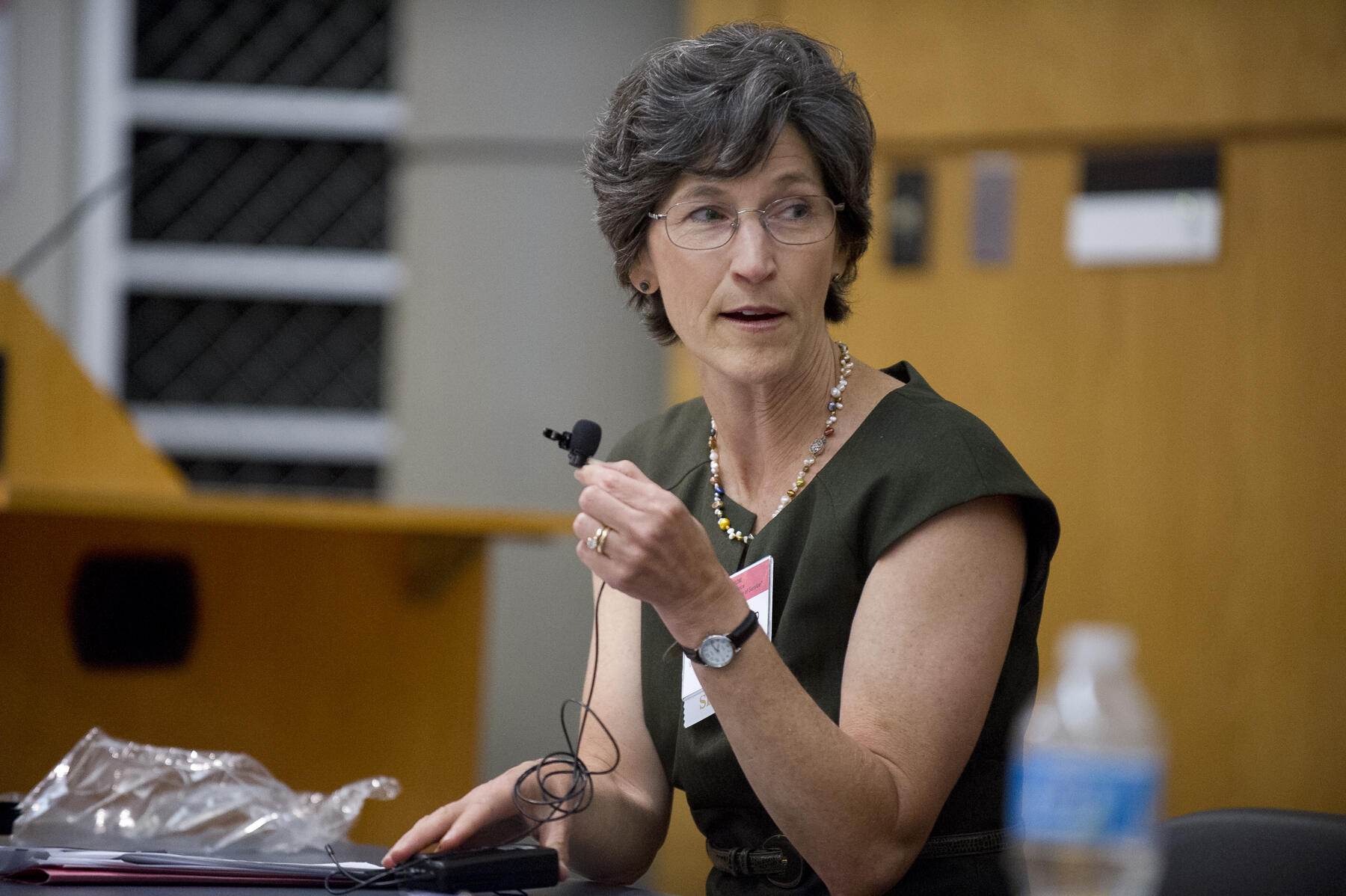 A woman looking to her left and holding a clip-on microphone is pictured speaking.