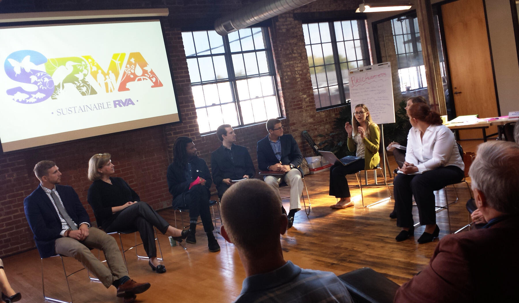 A roundtable discussion is held during the Sustainable RVA action plan release, held at the VCU Arts Depot.
<br>Photo by Pat Kane, University Public Affairs