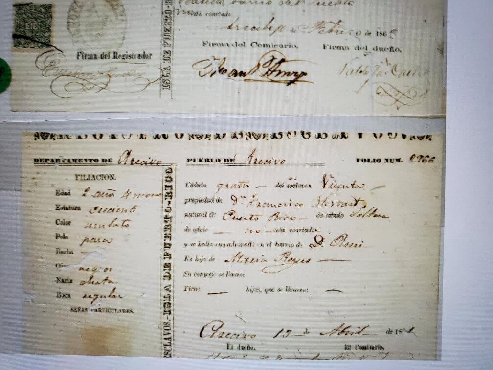 Photo of original document showing the name of a slave brought from Puerto Rico to South Carolina.