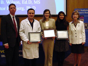 From left, Viktor Bovbjerg, Ph.D., assistant professor of health evaluation sciences, U.Va. with the winners of Elizabeth Fries Young Investigators Awards Antonio Abbate, M.D., of the VCU Department of Internal Medicine; Sarah Joyner, a cardiology fellow in the Department of Internal Medicine; Juhi Shukla of the VCU departments of Physiology and Obstetrics and Gynecology; and award presenter Diane B. Wilson, Ed.D., associate professor of internal medicine, Massey Cancer Center 