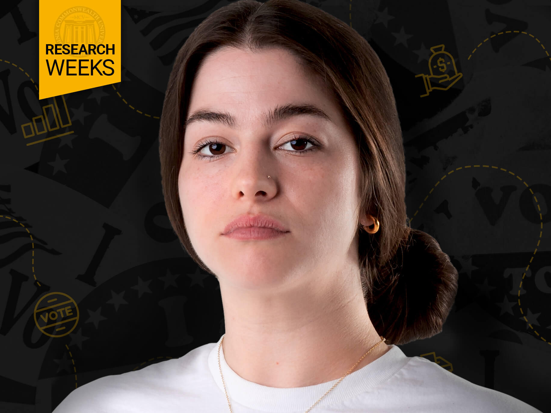 Erika Misseri in front of a background of \"I voted\" stickers. In the upper left corner is a yellow banner that says \"Research Weeks\" in black text. 