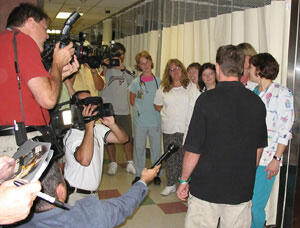 As the media documented his return visit to VCU, Nadeau visited with dozens of staff members who cared for him.