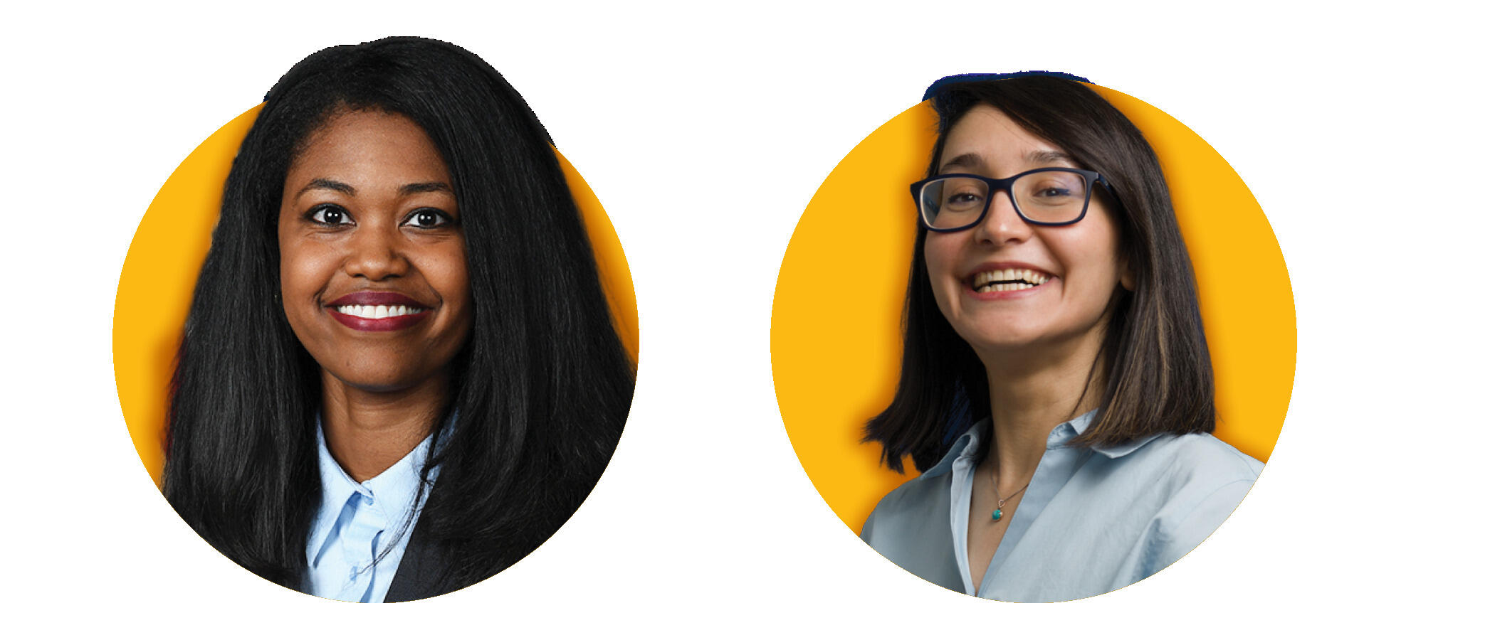 Two photos of women from the shoulders up. Both women have a yellow circle around them. 