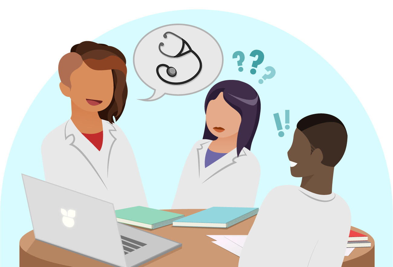 An illustaration of three people in lab coats sitting around a cirular table having a conversation. 
