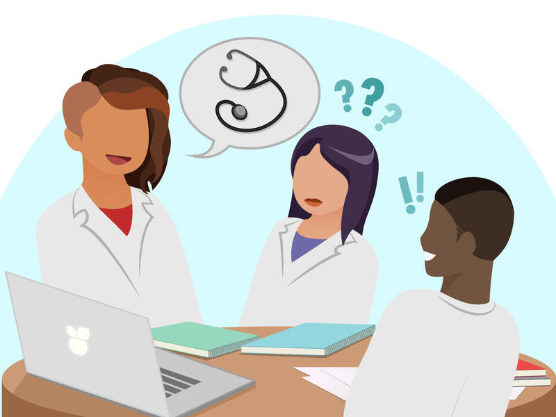 An illustaration of three people in lab coats sitting around a cirular table having a conversation. 
