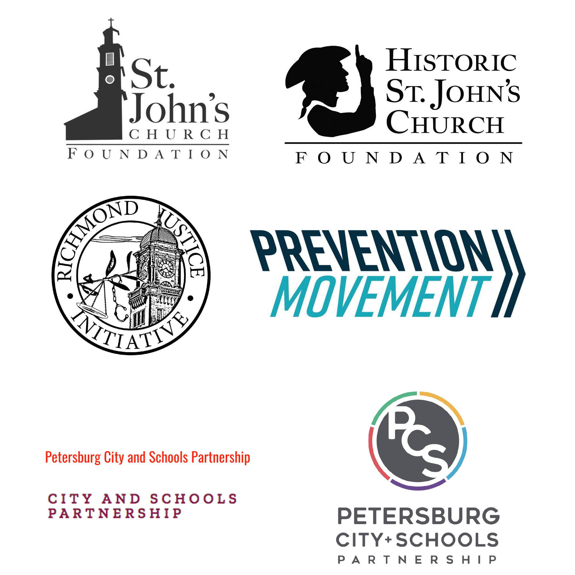 Before and after logos created during Creatathon. Top: St. John's Church Foundation. Center: Richmond Justice Initiative/Prevention Movement. Bottom: Petersburg City and Schools Partnership.