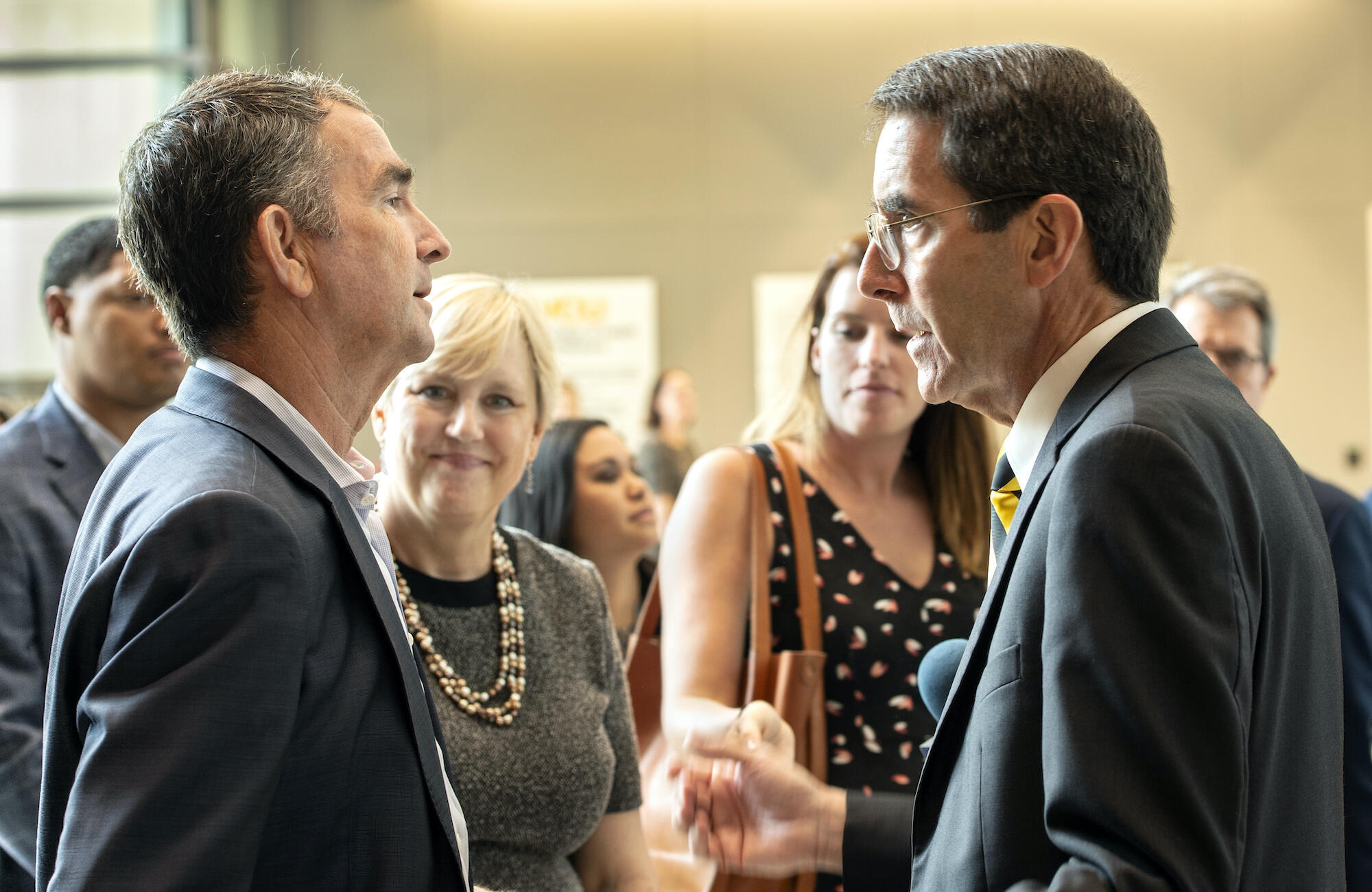 Virginia Gov. Ralph Northam, M.D., (left) talks with Art Kellermann, M.D., senior vice president for VCU Health Sciences and CEO of VCU Health System, during a visit to VCU's College of Health Professions on Thursday.
