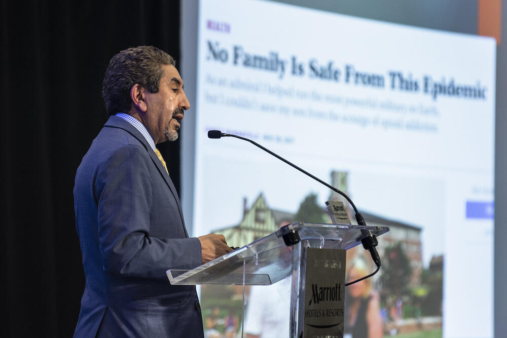 Omar Abubaker, speaking at the Rao R. Ivatury Trauma Symposium in late March. (Photo by Kevin Morley, University Marketing)
