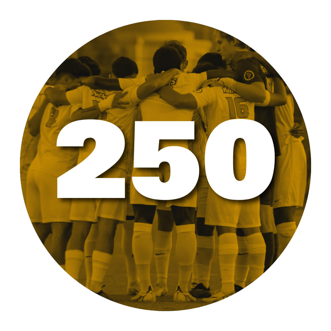 The number 250 overlaying VCU athletes in a huddle.