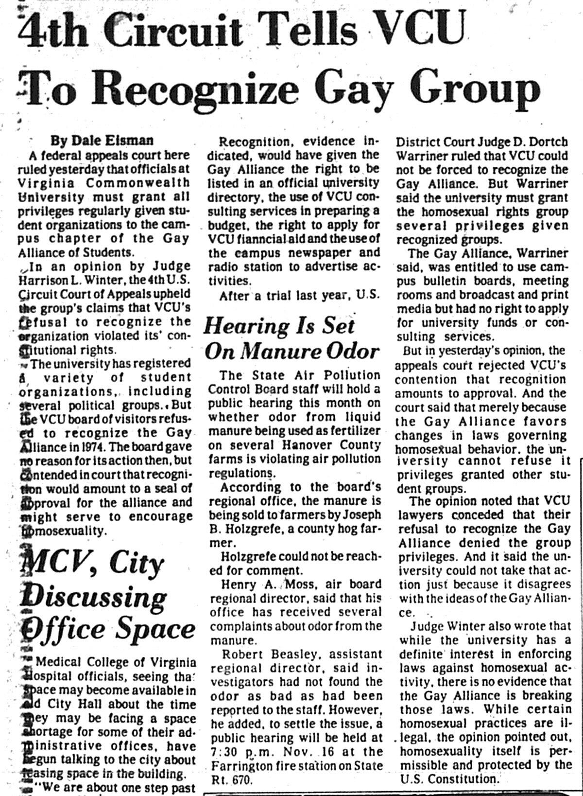 “4th Circuit Tells VCU to Recognize Gay Group”
<br>Richmond Times-Dispatch, Nov. 2, 1976