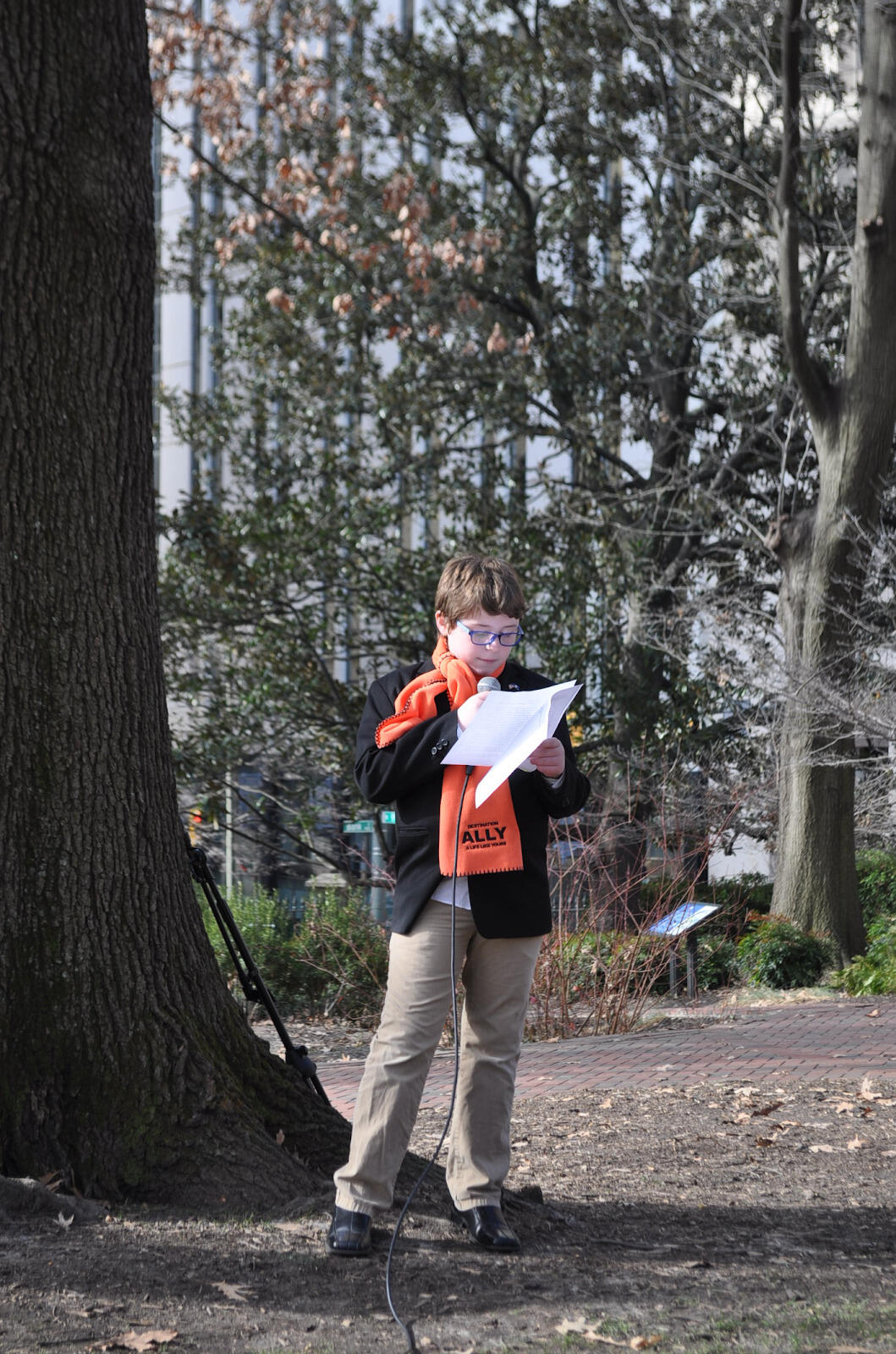 A photo of a young boy standing next to a tree and reading off a sheet of paper. 