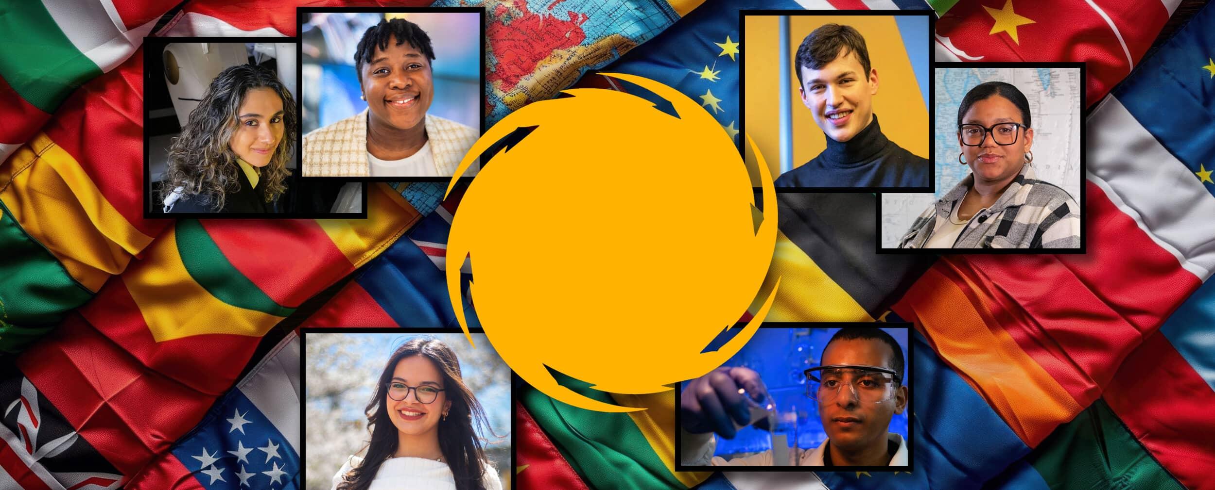 Six portaits of students over various world flags. 