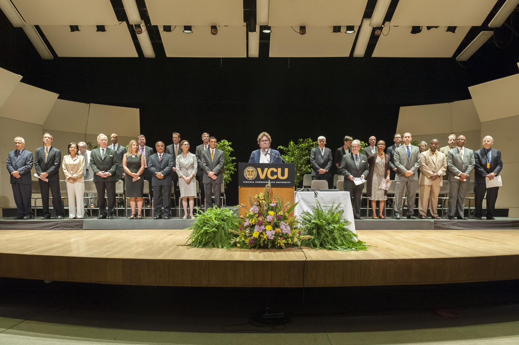 Gail Hackett, provost and vice president for academic affairs, welcomes guests to Tuesday's event, which marks the beginning of the 2016-17 academic year. (Thomas Kojcsich, University Marketing)