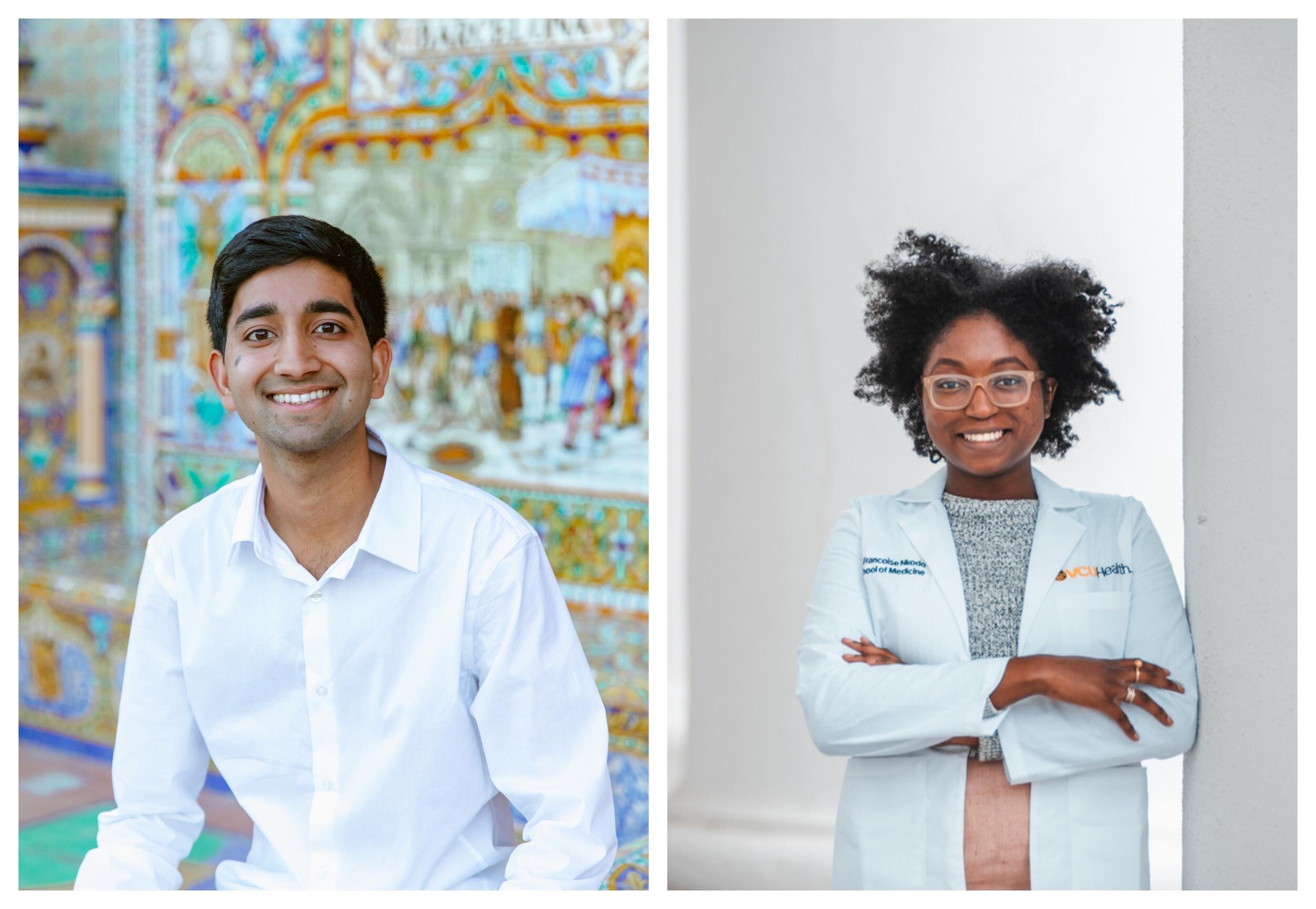 On the left is a portrait of a man wearing a white button up shirt and on the left is a portrait of a woman wearing a white lab coat. 