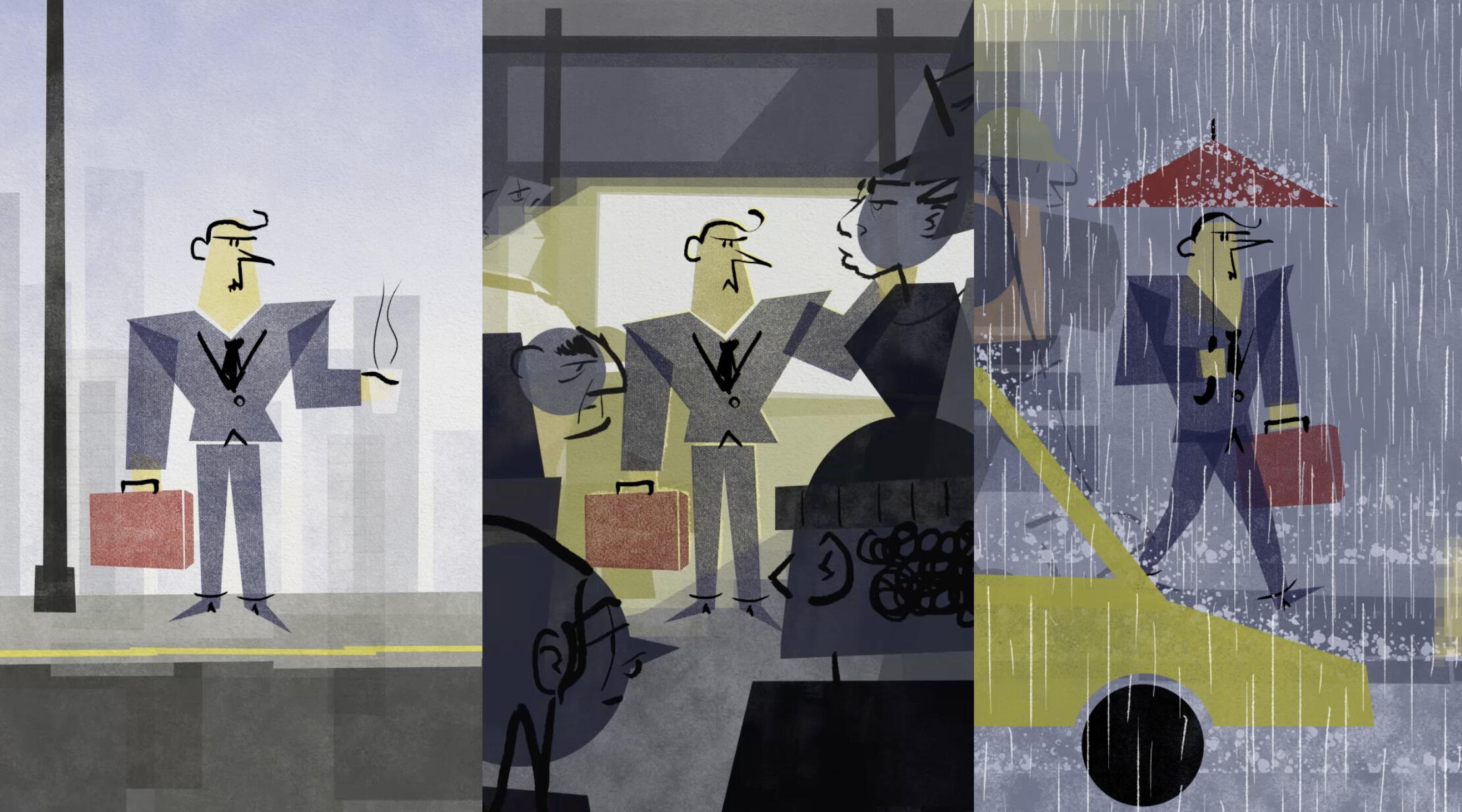 An illustraation of an angry businessman standing on the side of the road, then standing in a bus, and finally walking in the rain. 