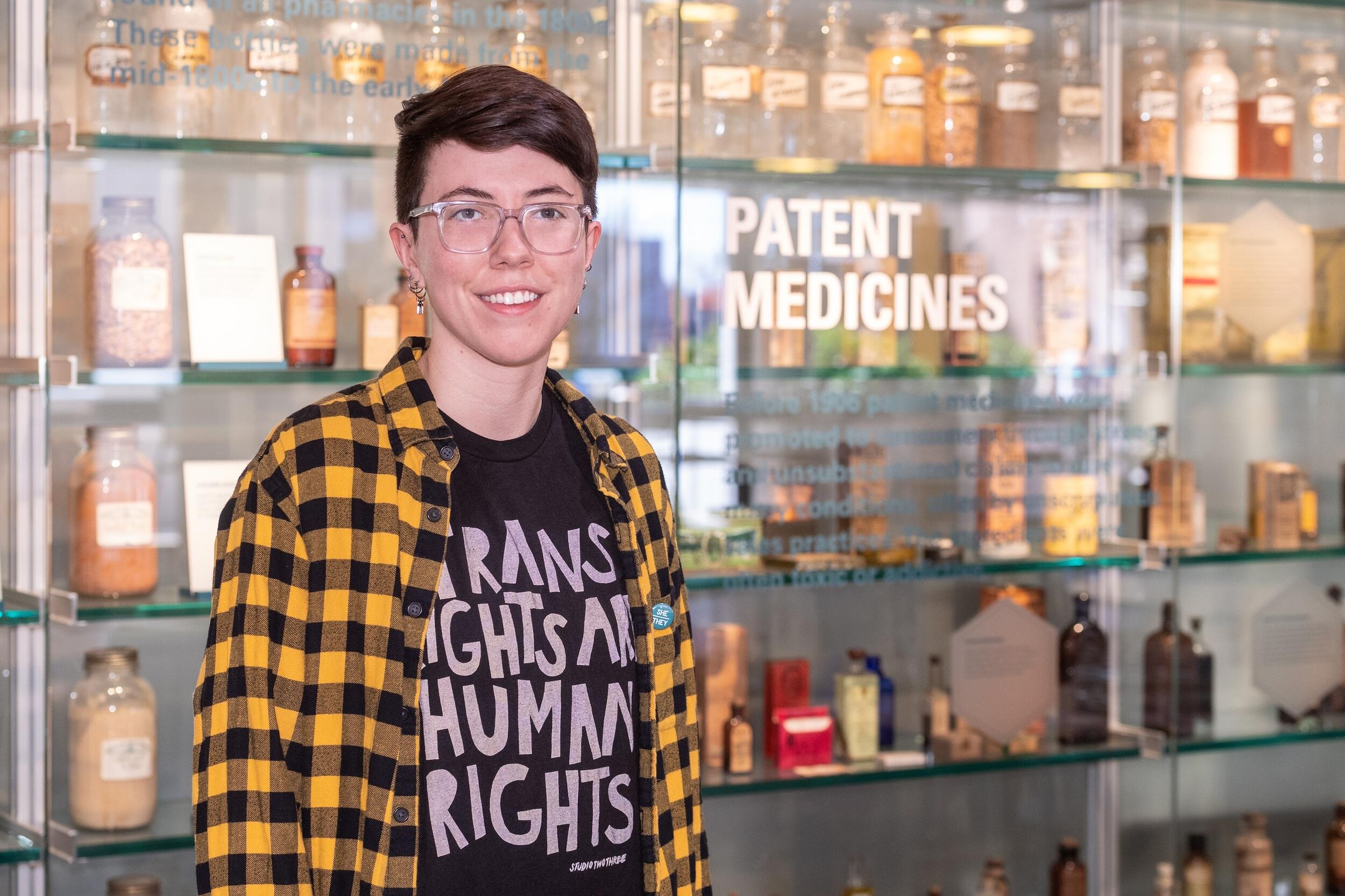 Olivia White wearing a \"Trans Rights are Human Rights\" shirt